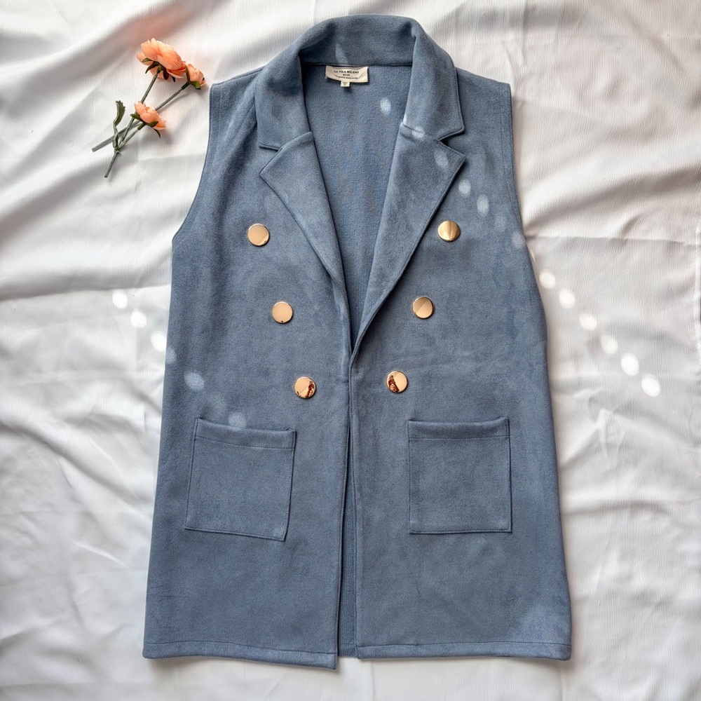 La Vila Milano Blue Vest Gold Buttons Size Medium -NWOT Faux Suede